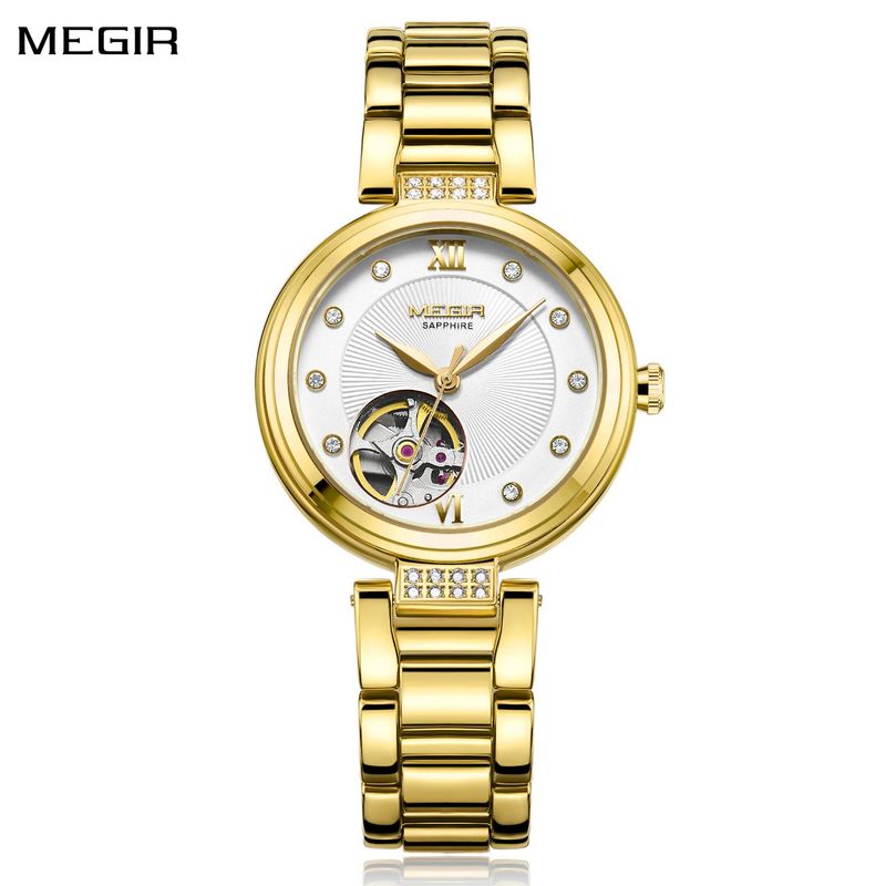 MEGIR Luxury Stainless Steel Gold Women Bracelet Watch Large Dial Automatic Mechanical Wrist Watches Ladies Business Watch Clock 62060