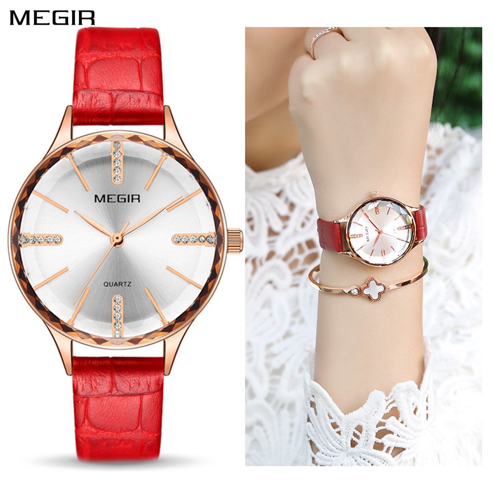 MEGIR Luxury Woman Wristwatch Elegant Waterproof Leather Strap Female Quartz Watches Dress Diamond Wrist Watch for Ladies Gift