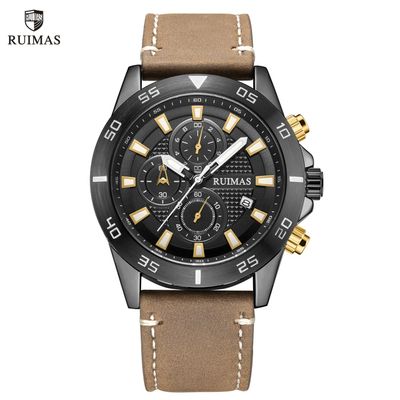 RUIMAS Luxury Brand Mens Watches Quartz Leather Strap Wristwatch Waterproof Clock Sports Large Dial Watch Auto Date Montre Homme