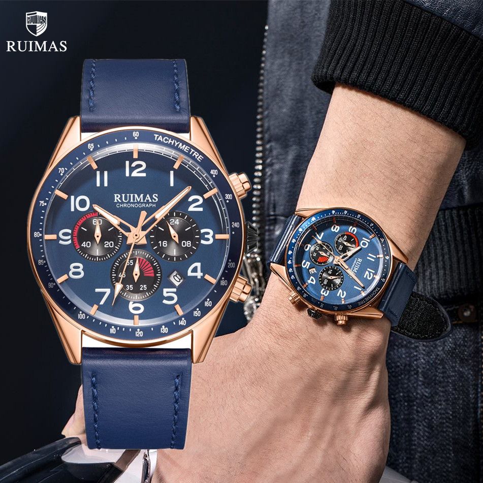 RUIMAS Luxury Brand Chronograph Watches for Men Fashion Leather Sports Military Wristwatch Luminous Clock Auto Date Reloj Hombre 574