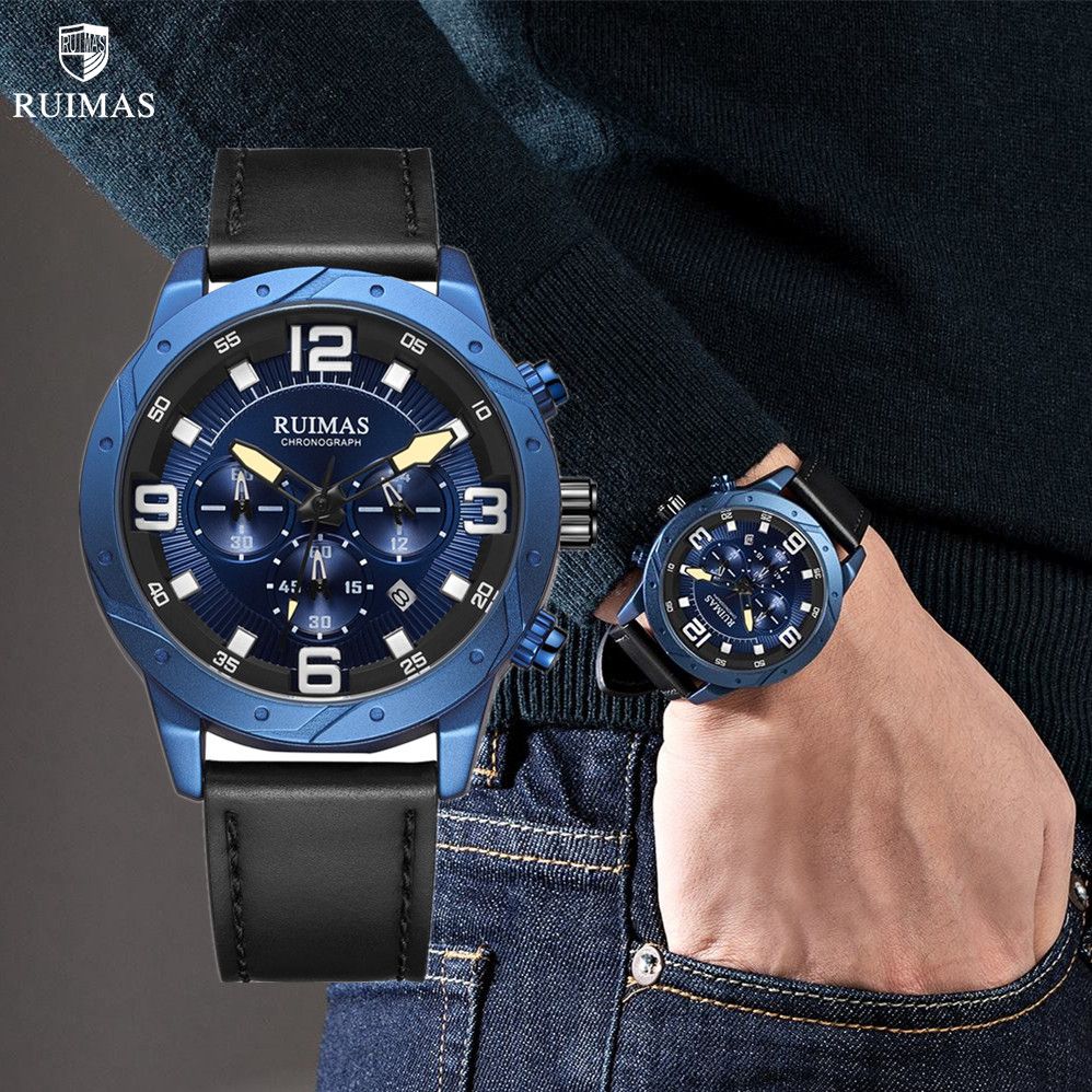 RUIMAS Relogio Masculino Fashion Men Quartz Watch Leather Sport Military Wristwatch Waterproof Clock with Auto Date 595