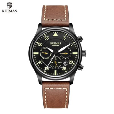 RUIMAS Men Mechanical Watches Fashion Leather Strap Sapphire Automatic Movement Wristwatch Luminous Clock Male Date Week Display 6769