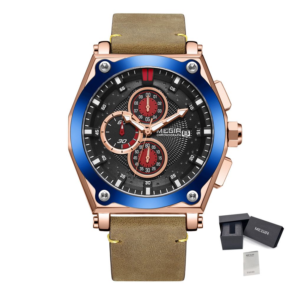 MEGIR Blue Quartz Men Watches Top Brand Leather Strap Chronograph Sport Wrist Watch Men Clock Relogio Masculino Reloj Hombre, Color: Rose Brown