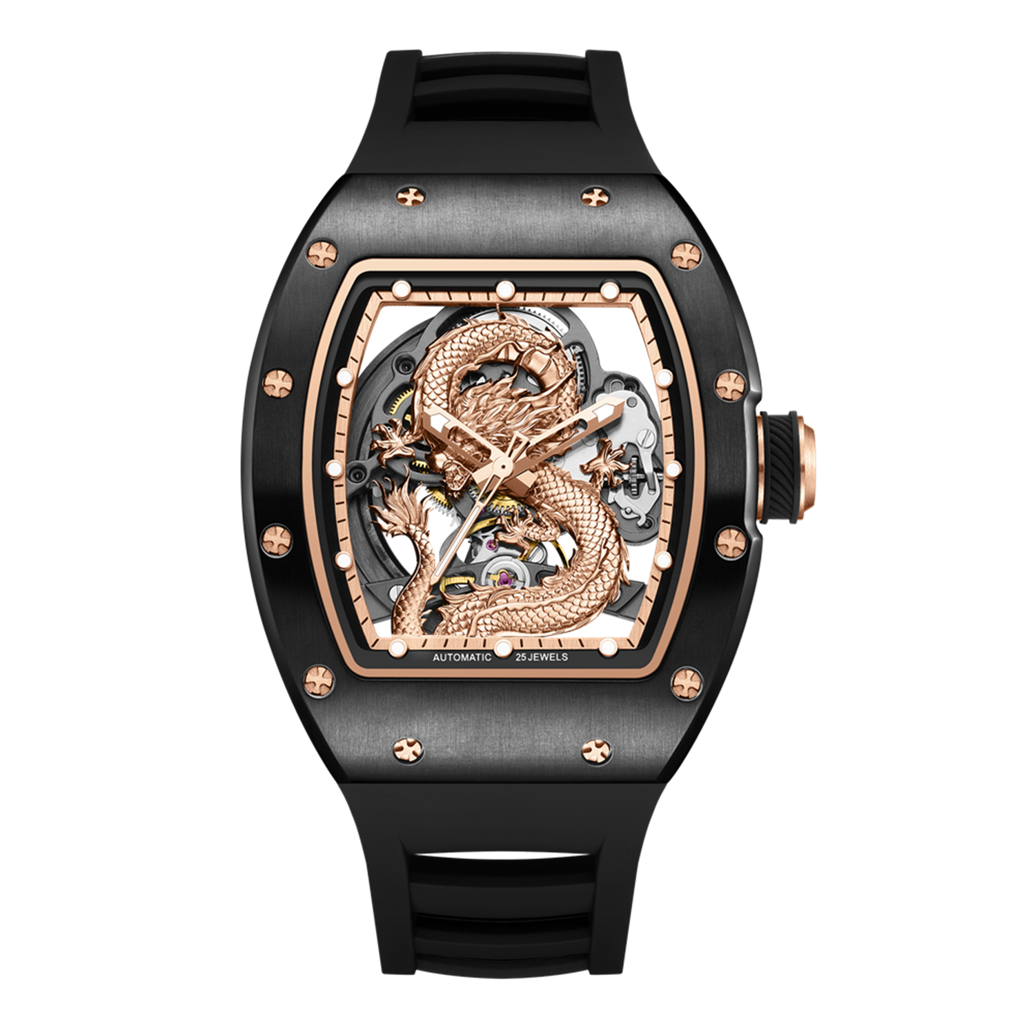New Automatic Mechanical Skeleton Men Watch Luxury Stainless Steel Case Tonneau Dial Wristwatch Waterproof Sport Watches 9190-15