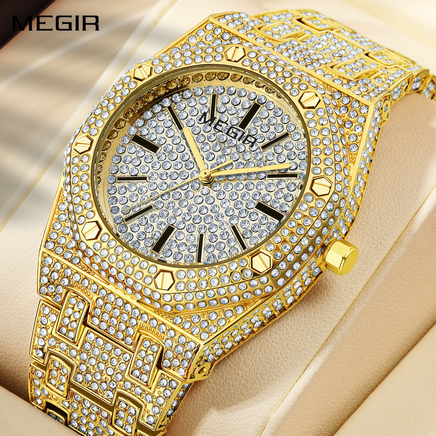 MEGIR Luxury Diamond Men Watches Stainless Steel Band Quartz Wristwatches Waterproof Male Clock Business Watch Reloj Hombre 1091