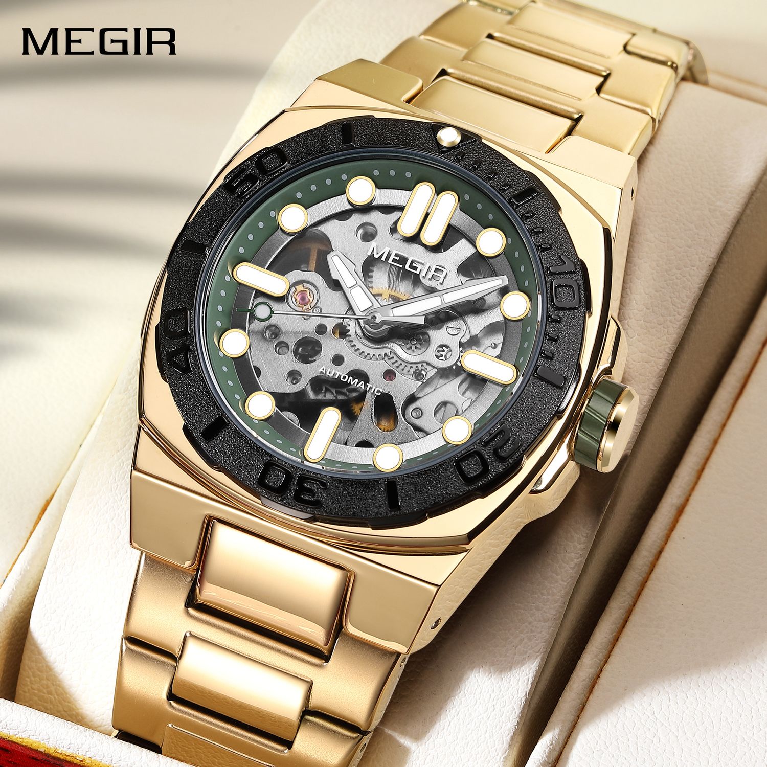 MEGIR Skeleton Dial Mechanical Watches for Men Luxury Business Wristwatch Stainless Steel Waterproof Automatic Watch Clock 8606