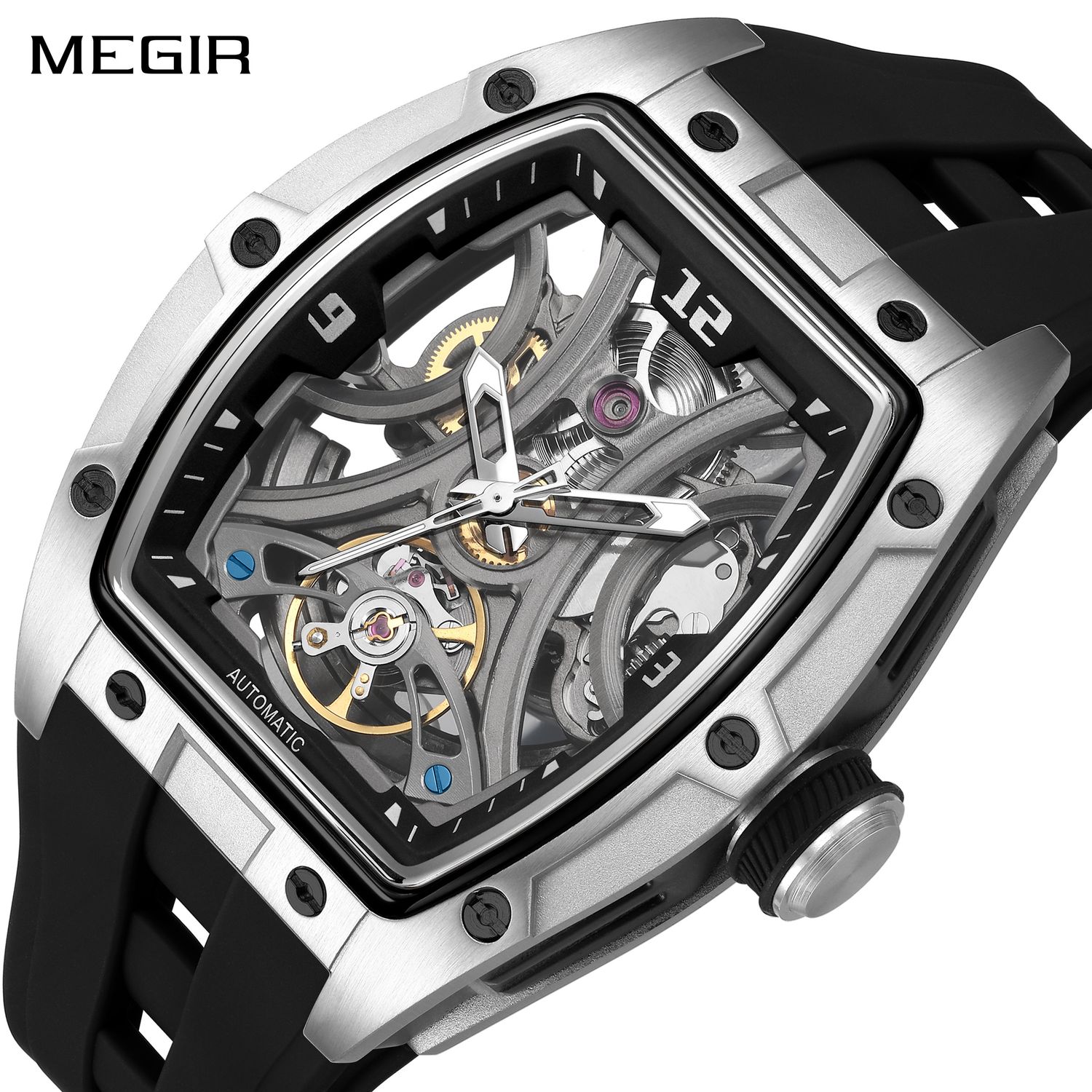 MEGIR Skeleton Dial Men Watches Luxury Automatic Mechanical Sport Watch Stainless Steel Case Man Wristwatch Clock Reloj Hombre 2245