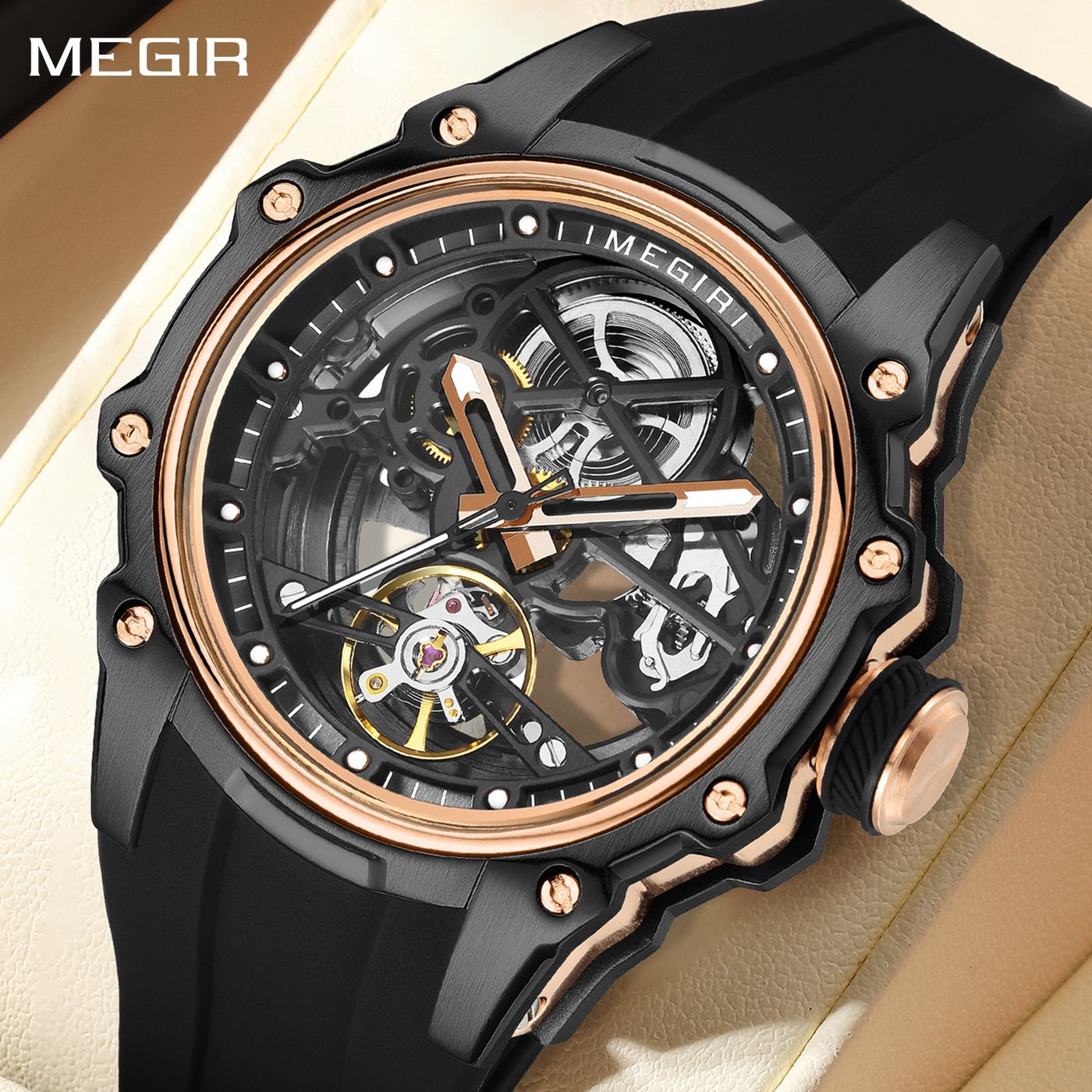 MEGIR Fashion Men&#39;s Full Automatic Watches Hollow Out Luminous Sports Mechanical Watch Waterproof Wristwatches Reloj Hombre 2243