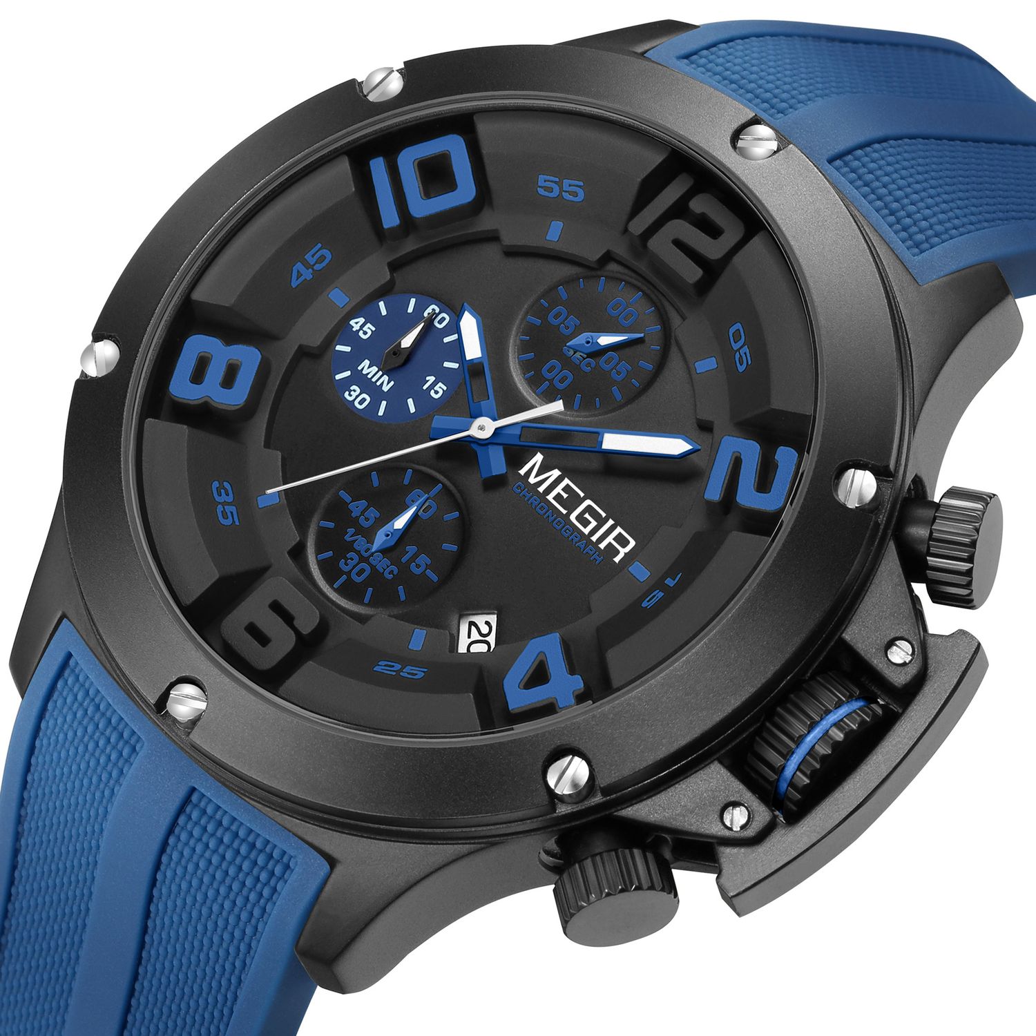 Orologio Uomo Megir Sportivo | Cronografo Al Quarzo | Quadrante Blu E Nero | Cinturino In Silicone | Impermeabile 30m