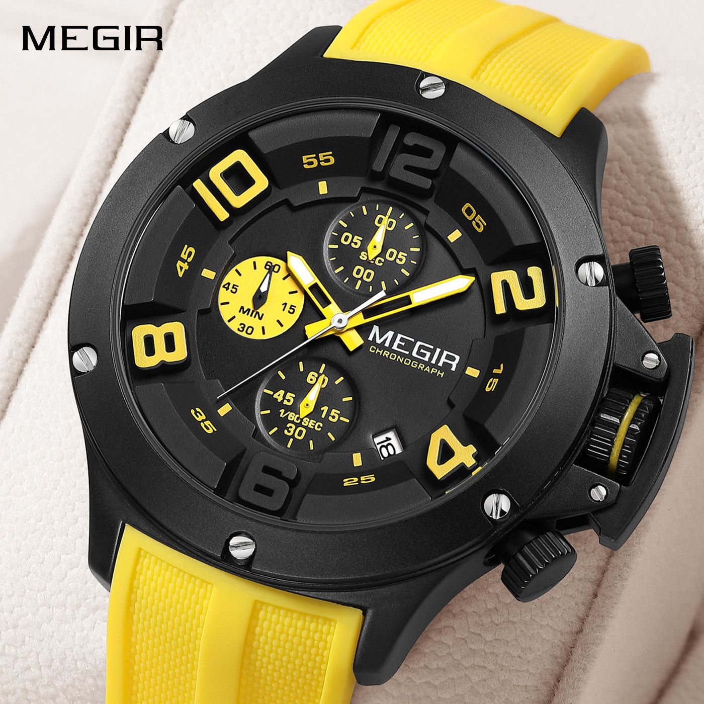 MEGIR Relogio Masculino Luxury Quartz Watch for Men Yellow Silicone Strap Military Sport WristWatch Chronograph with Auto Date 8115