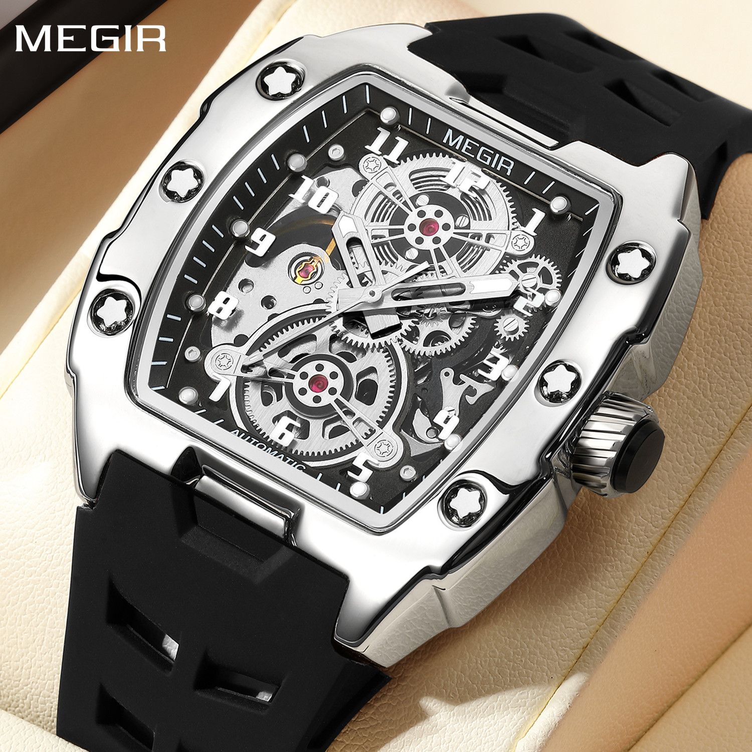MEGIR New Men Watches Luxury Brand Automatic Mechanical Watch Skeleton Dial Silicone Strap Sports Casual Wristwatch Waterproof Clock Male Gift 8602