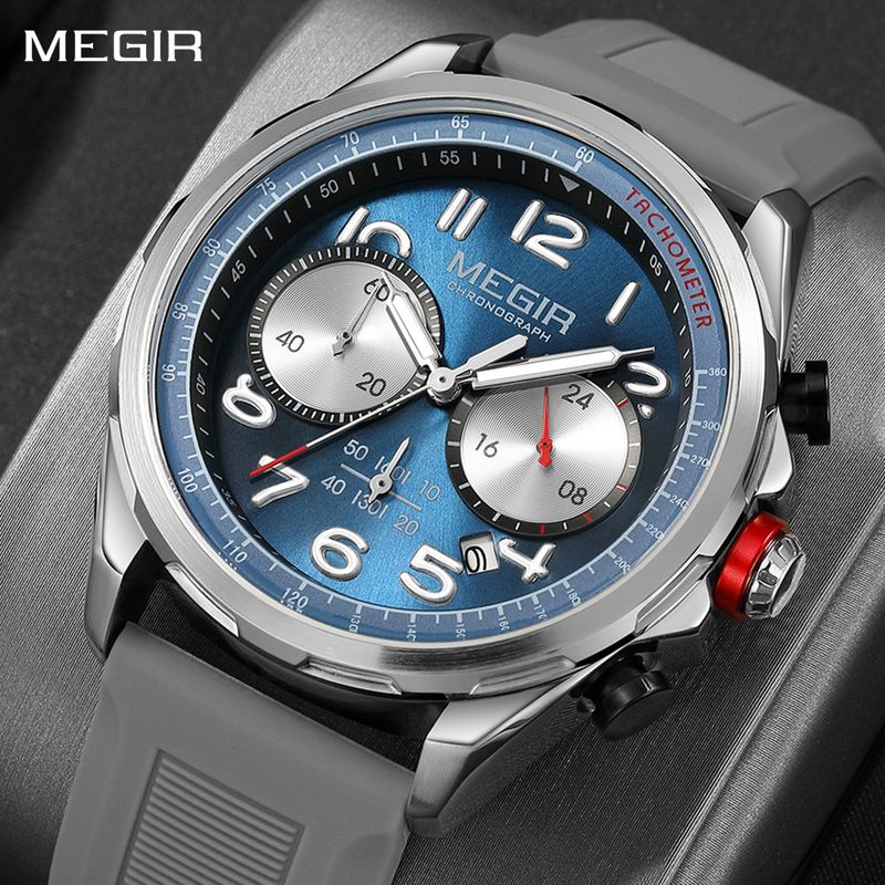 MEGIR Men Watches Luxury Quartz Wristwatch Gray Waterproof Military Sports Chronograph Silicone Strap Clock Montre Homme 2230