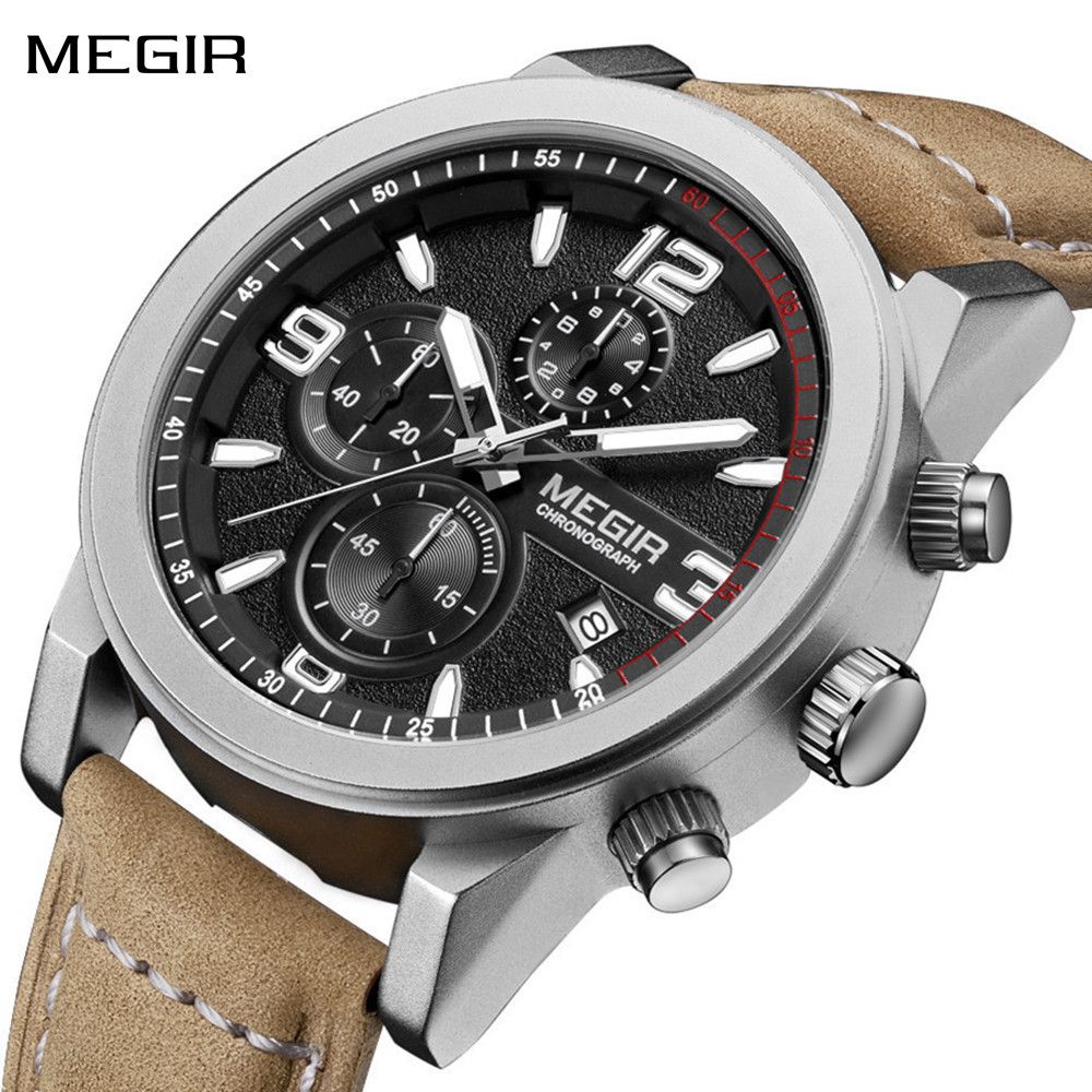 MEGIR Luxury Chronograph Men&#39;s Sport Watches Leather Strap Quartz Wristwatch Luminous Casual Male Clock Relogio Masculino 2026
