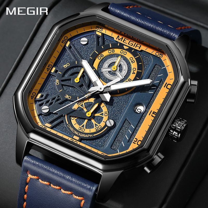 MEGIR Fashion Square Case Men&#39;s Sport Watch Quartz Chronograph Luminous Military Wristwatches Luminous Date Clock Reloj Hombre 8106