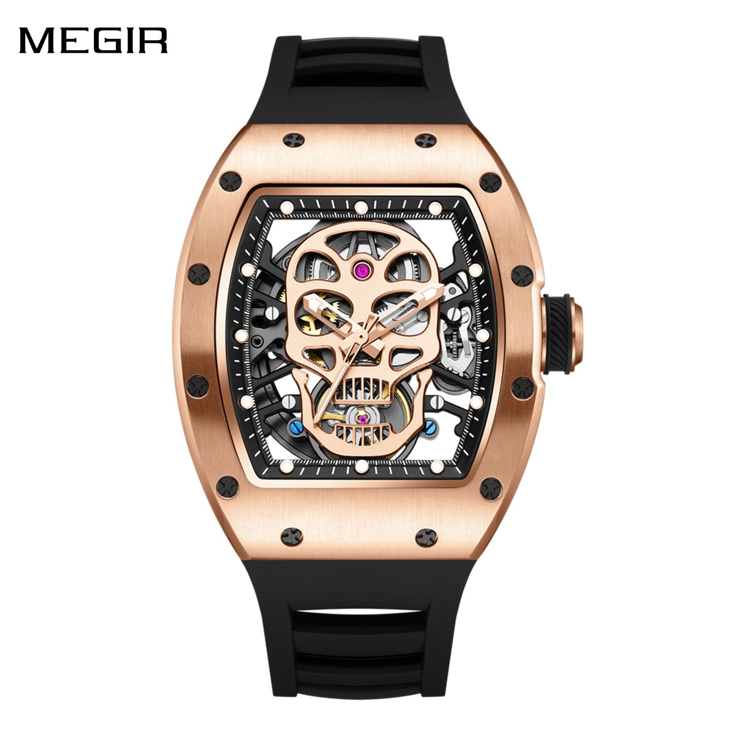 MEGIR Men Watches Skull Hollow Dial Face Mechanical Watch Steel Case Waterproof Sport Wristwatch Automatic Movement Clock 9190-7