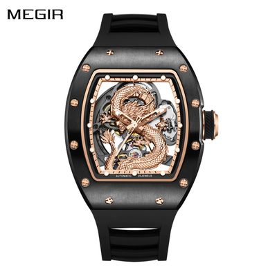 MEGIR Automatic Mechanical Skeleton Men Watch Luxury Stainless Steel Case Tonneau Dial Wristwatch Waterproof Sport Watches 9190-15