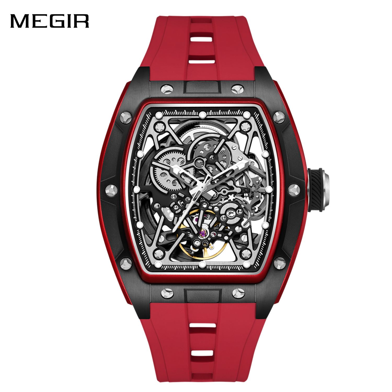MEGIR Men&#39;s Mechanical Watch Fashion Hollow Out Automatic Movement Sport Wristwatches Waterproof Silicone Strap Watches 9198-3