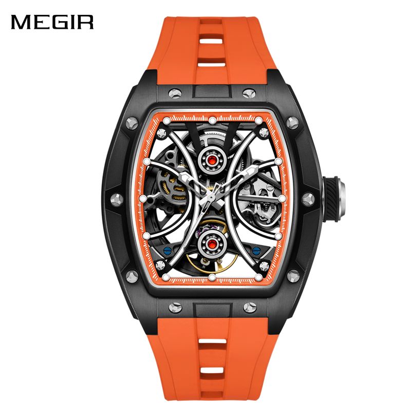 MEGIR Men&#39;s Sports Watch Fashion Automatic Mechanical Movement Watches Skeleton Luminous Waterproof Business Wristwatches 9198-4