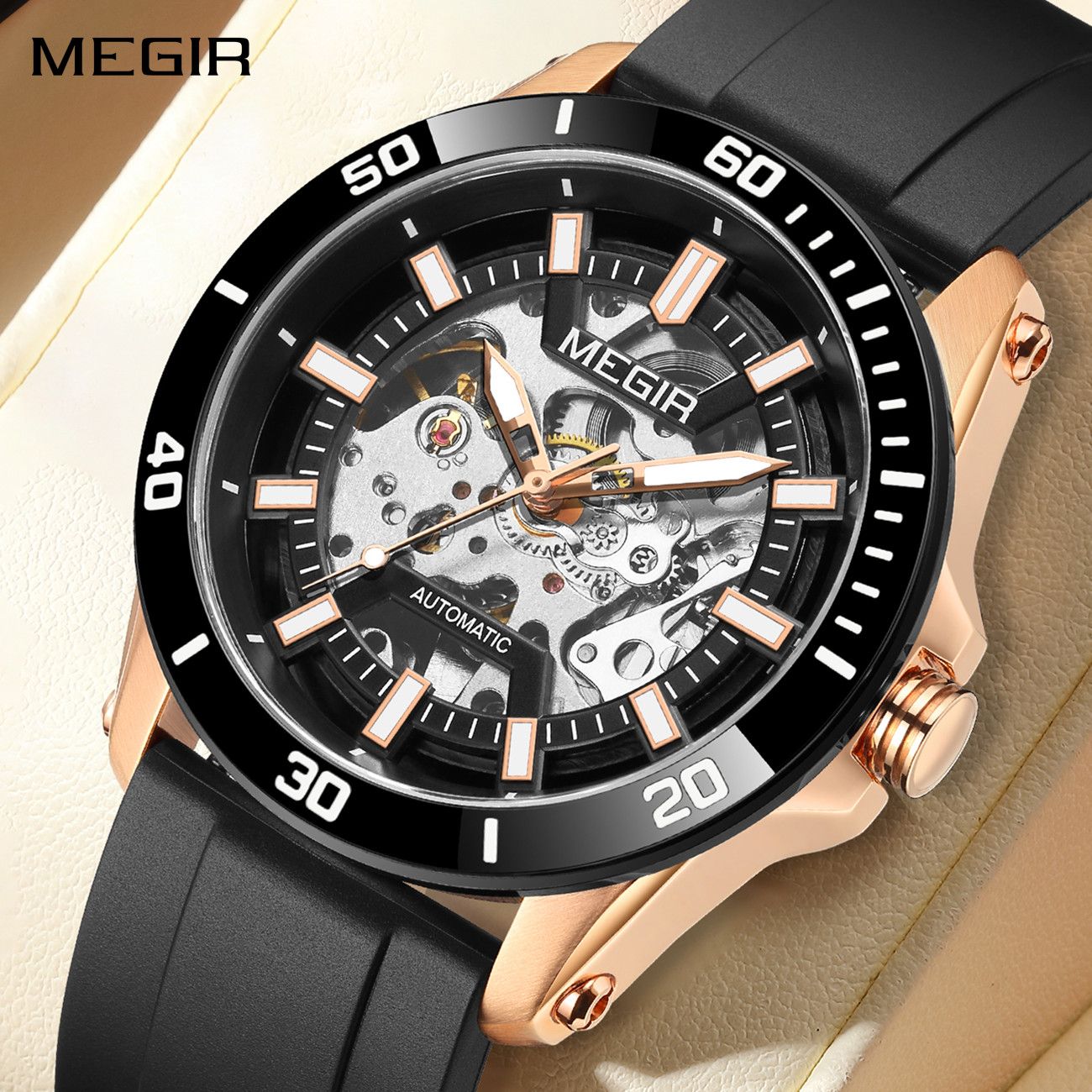 MEGIR Fashion Hollow Out Mechanical Watch for Men Stainless Steel Case Sapphire Full Automatic Wristwatch Relogio Masculino 8605