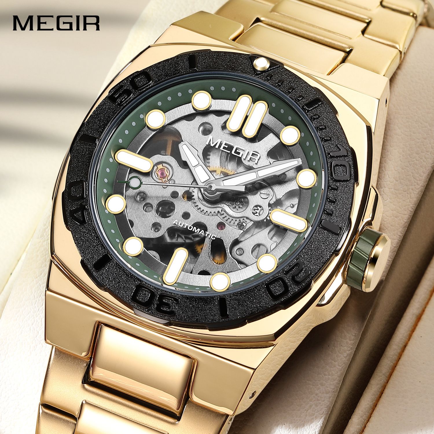 MEGIR Skeleton Dial Mechanical Watches for Men Luxury Business Wristwatch Stainless Steel Waterproof Automatic Watch Clock 8606