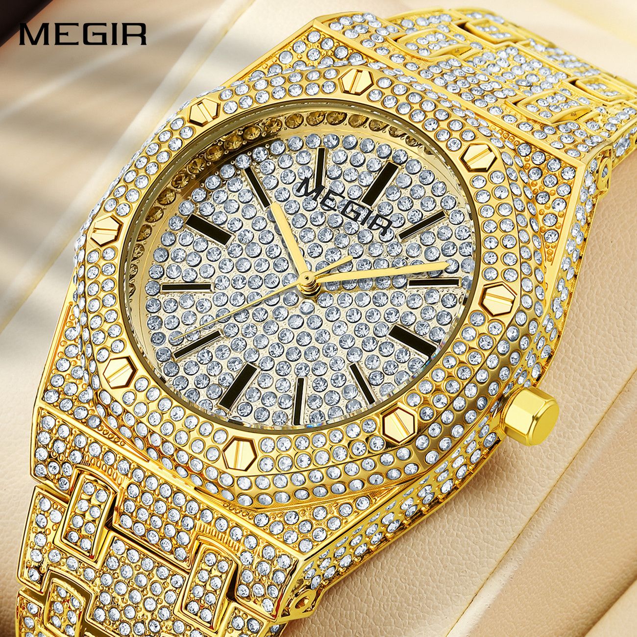 MEGIR Luxury Diamond Men Watches Stainless Steel Band Quartz Wristwatches Waterproof Male Clock Business Watch Reloj Hombre 1091