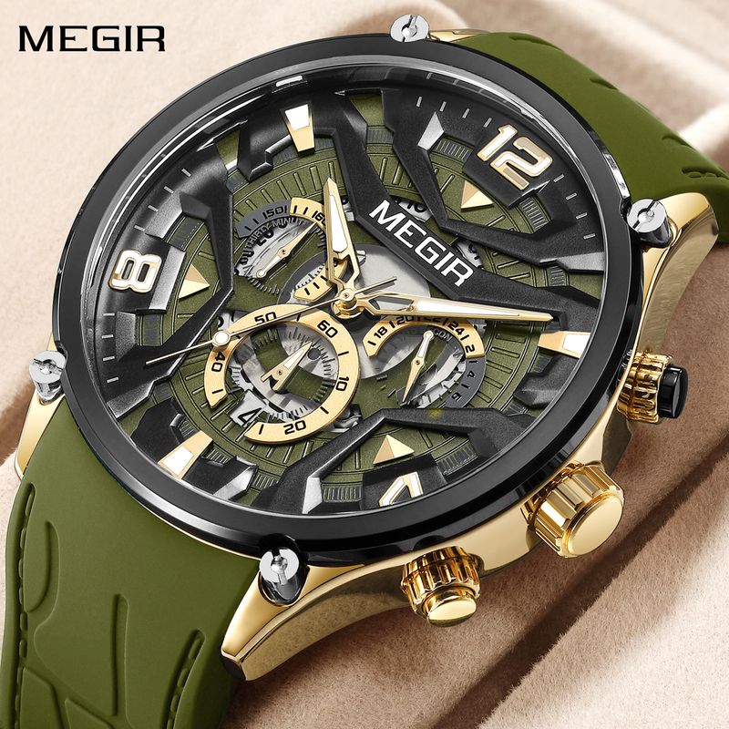 MEGIR Chronograph Luxury Men Quartz Military Watches Silicone Strap Waterproof Man Sport Wristwatch Date Clock Reloj Hombre 2222