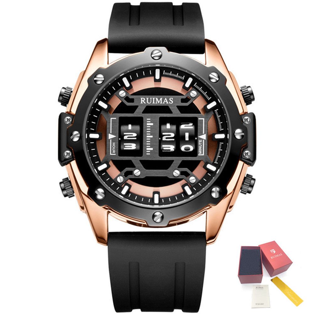 RUIMAS Mens Watches Roller Pointer Sports Quartz WristWatch Fashion  Luxury Silicone Strap Waterproof Relogio Masculino, Color: Rose Black