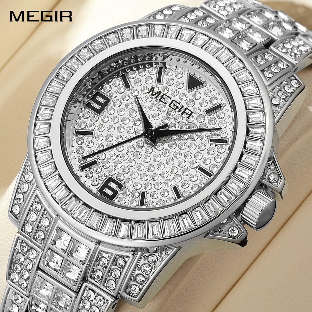 MEGIR Watch for Men Fashion Man Quartz Full Diamond Wristwatch Large Dial Business Watches Clock Gifts Montre Homme 1092