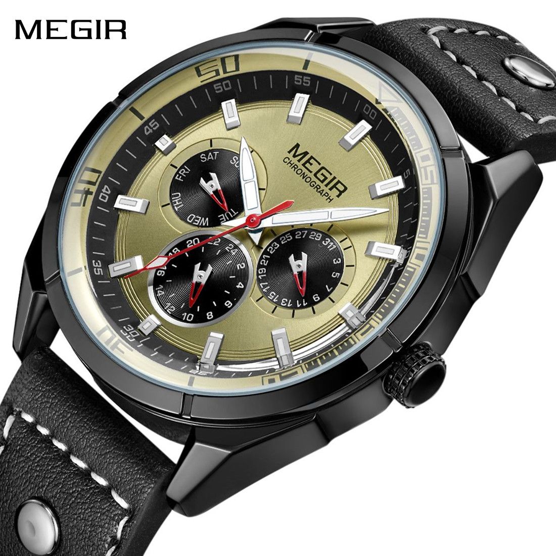 MEGIR Fashion Quartz Chronograph Watch for Men Leather Strap Military Sport Wristwatch Waterproof 24-hour Week Date Clock 2072