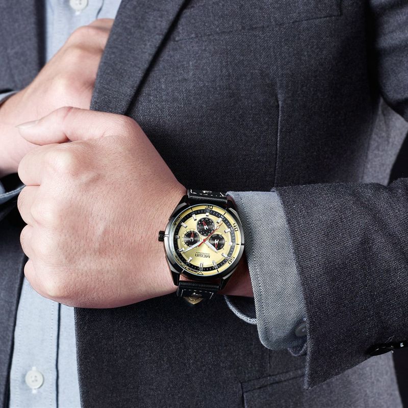 MEGIR Fashion Quartz Chronograph Watch for Men Leather Strap Military Sport Wristwatch Waterproof 24-hour Week Date Clock 2072