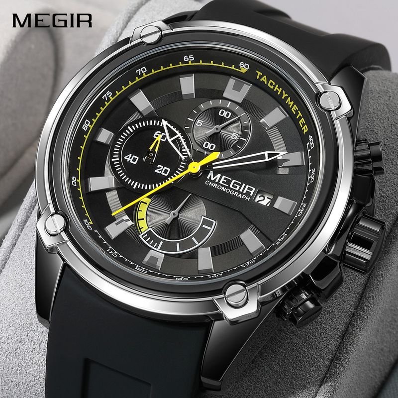 MEGIR Chronograph Luxury Brand Men Sports Watches Silicone Strap Quartz Casual Wristwatch Waterproof Calendar Reloj Hombre 2086