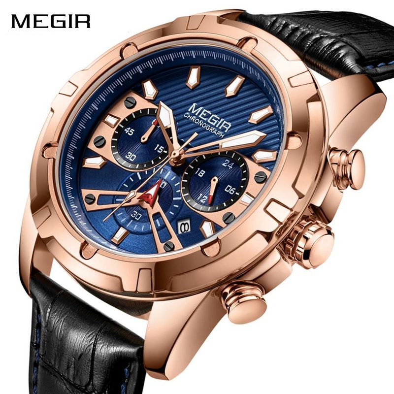 MEGIR Luxury Men Sport Watches Leather Military Quartz Wristwatch Waterproof Man Chronograph Clock 24 hour Montre Homme 2102
