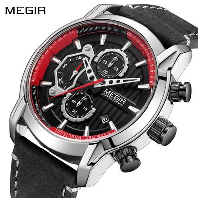 MEGIR Men's Watches Waterproof Luminous Sports Wristwatch Fashion Leather Strap Quartz Chronograph Clock Date Gift for Man 2104