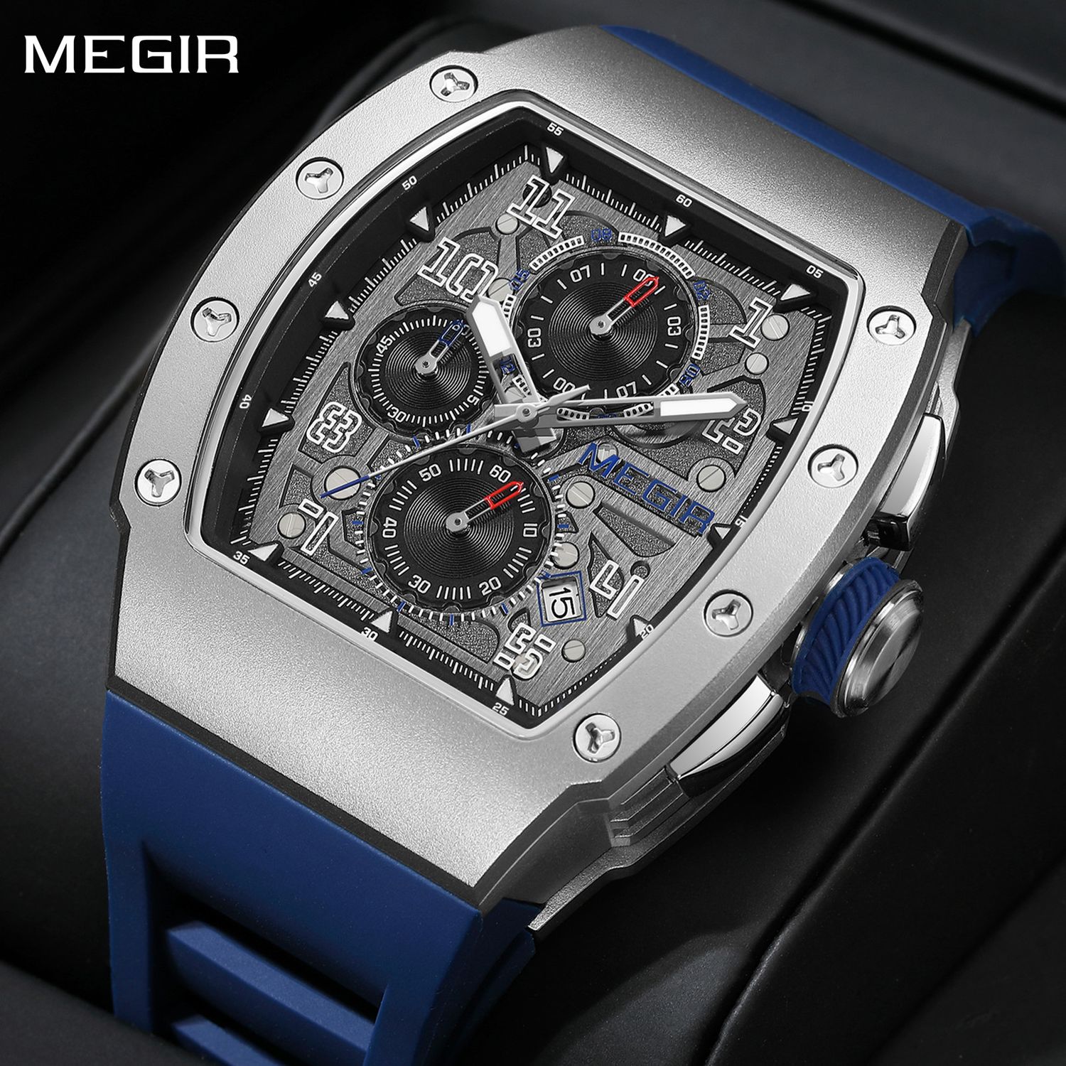 MEGIR Blue Luxury Sport Watch for Men Steel Case Waterproof Luminous Military Quartz Chronograph Auto Date Reloj Hombre 8411