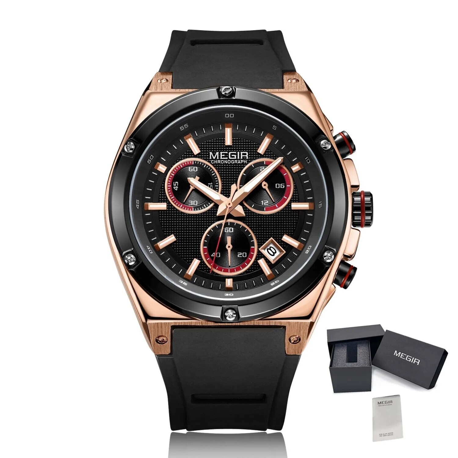 MEGIR Mens Watches Silicone Quartz Wrist Watch Chronograph Fashion Sport Business Wristwatch Luminous Male Clock Montre Homme 2073, Color: Rose Black
