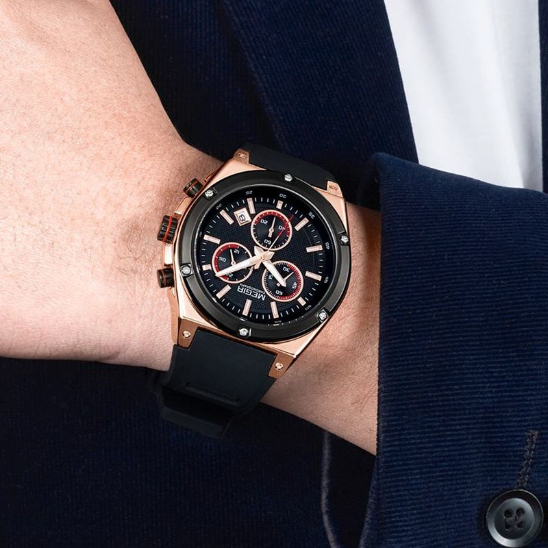 MEGIR Mens Watches Silicone Quartz Wrist Watch Chronograph Fashion Sport Business Wristwatch Luminous Male Clock Montre Homme 2073
