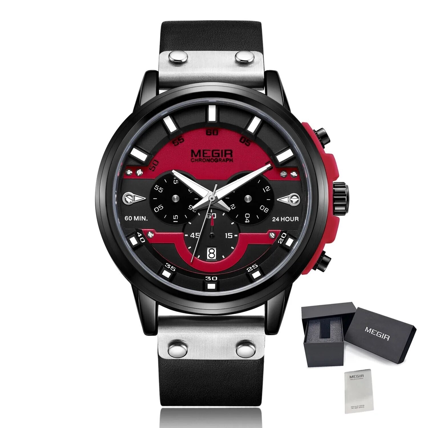MEGIR Fashion Sport Watches for Men Large Dial Waterproof Luminous Quartz Wristwatch Chronograph Date ​Clock 24-hour 2080, Color: Red Black