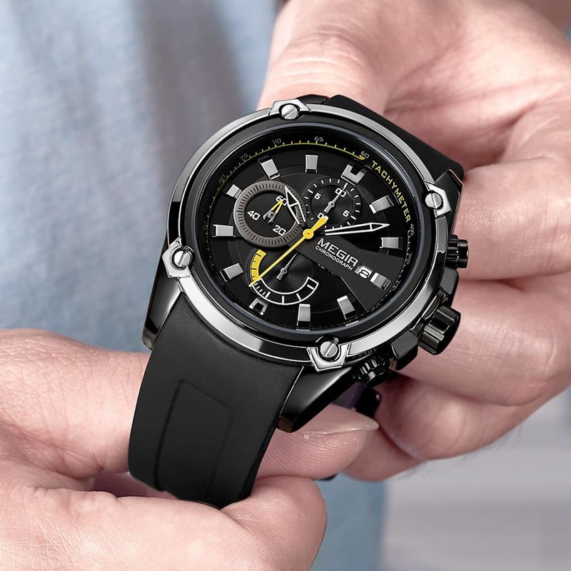 MEGIR Chronograph Luxury Brand Men Sports Watches Silicone Strap Quartz Casual Wristwatch Waterproof Calendar Reloj Hombre 2086