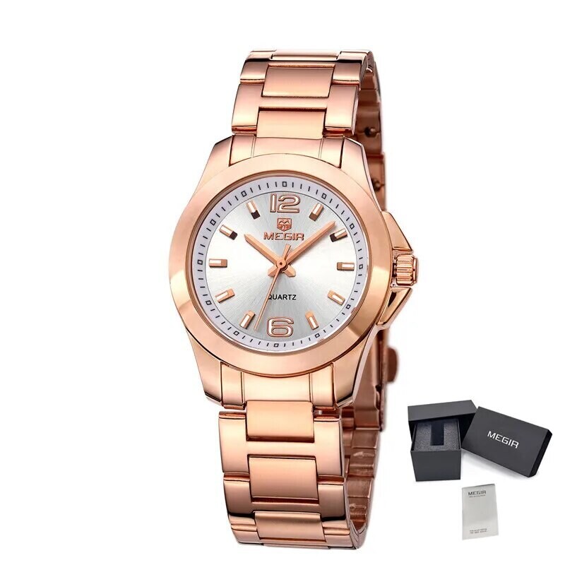 MEGIR Luxury Women Bracelet Watches Top Brand Fashion Ladies Quartz Watch Waterproof Elegant Female Wristwatch Dress Clock 5006L, Color: Rose