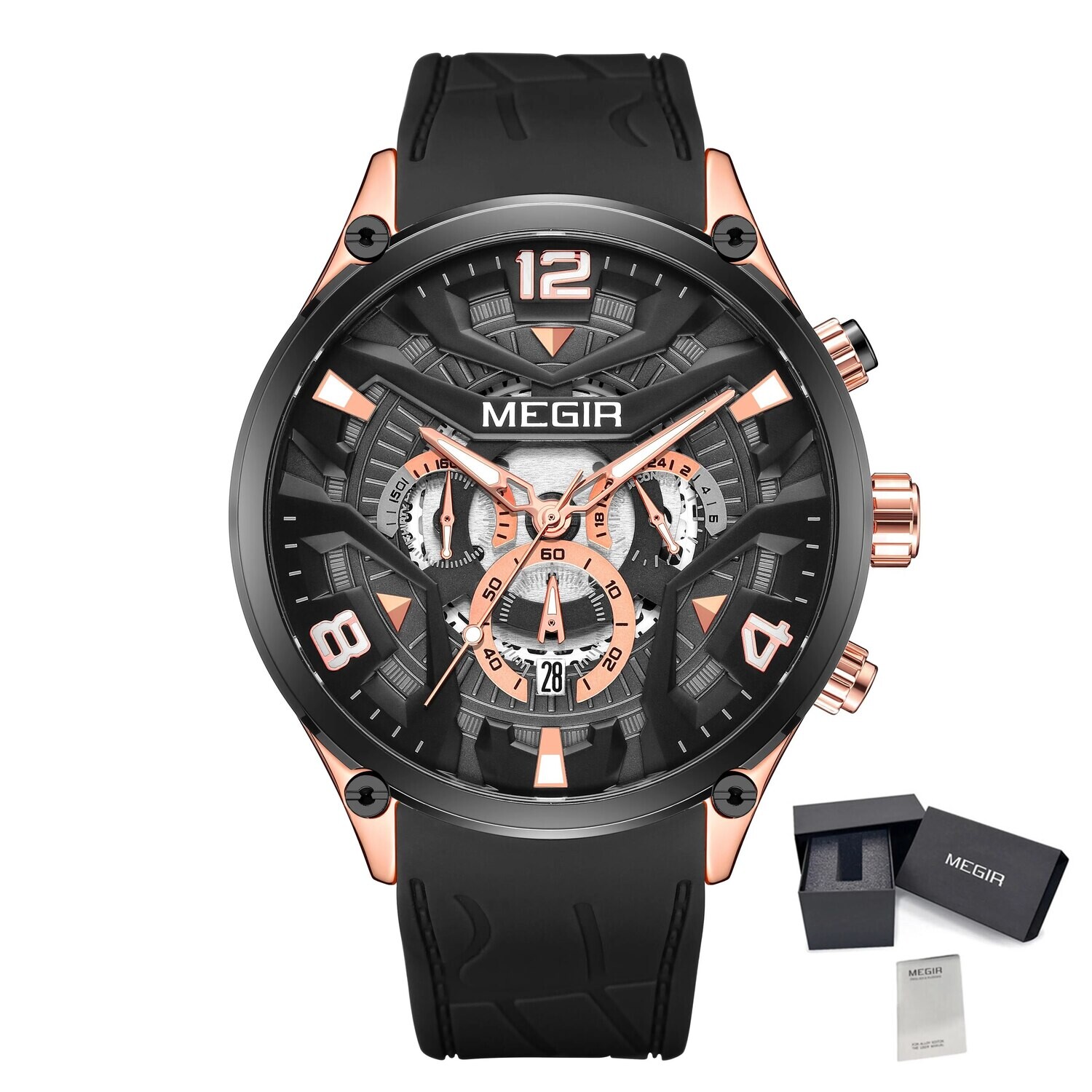 MEGIR Chronograph Luxury Men Quartz Military Watches Silicone Strap Waterproof Man Sport Wristwatch Date Clock Reloj Hombre 2222, Color: Rose Black