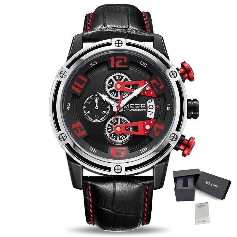 MEGIR Fashion Men Watches Waterproof Sports Watch Chronograph Leather Strap Military Quartz Wristwatch Male Clock 2078, Color: Red Black