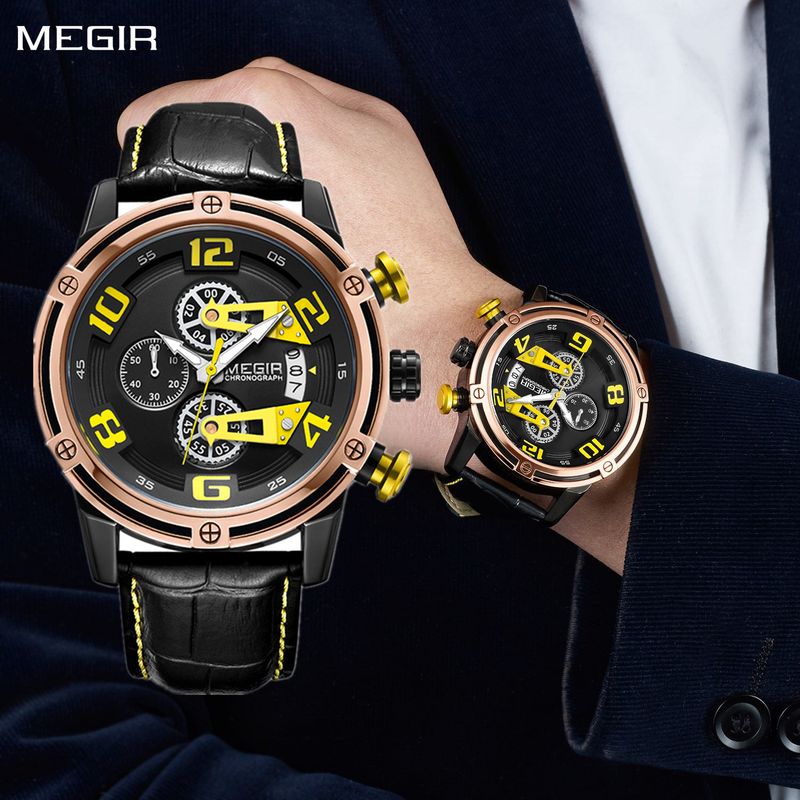 MEGIR Fashion Men Watches Waterproof Sports Watch Chronograph Leather Strap Military Quartz Wristwatch Male Clock 2078