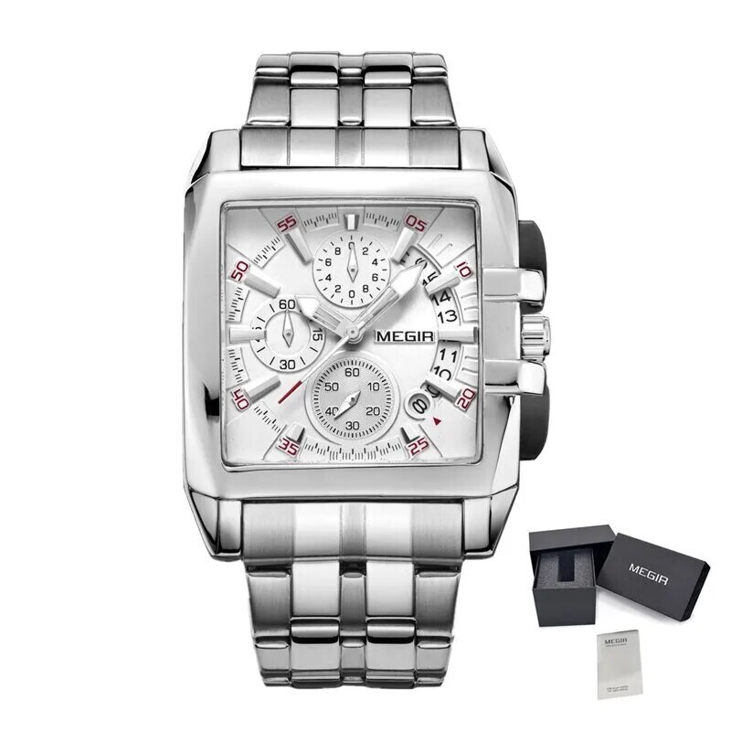 MEGIR Original Luxury Men Watch Stainless Steel Bracelet Quartz Military Wristwatch Business Watches Chronograph Big Dial Relogio Masculino 2018, Color: Silver