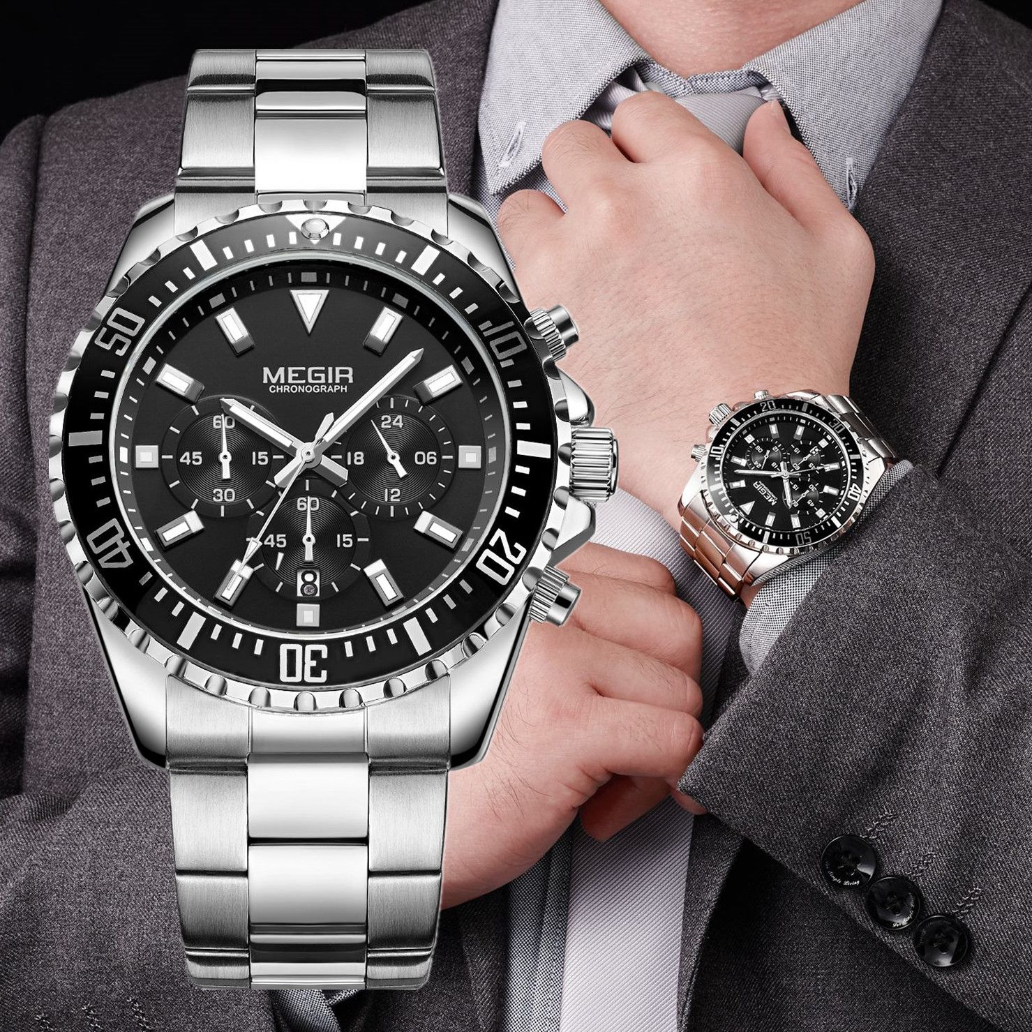 MEGIR Original Luxury Men Business Quartz Watch Stainless Steel Bracelet Chronograph Male Military Wristwatch Clock Relogio Masculino 2064