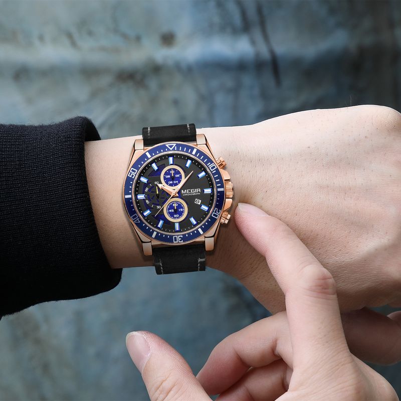 MEGIR Fashion Watches for Men Leather Strap Sport Military Wristwatch Man Quartz Watch Waterproof Chronograph with Calendar 2132