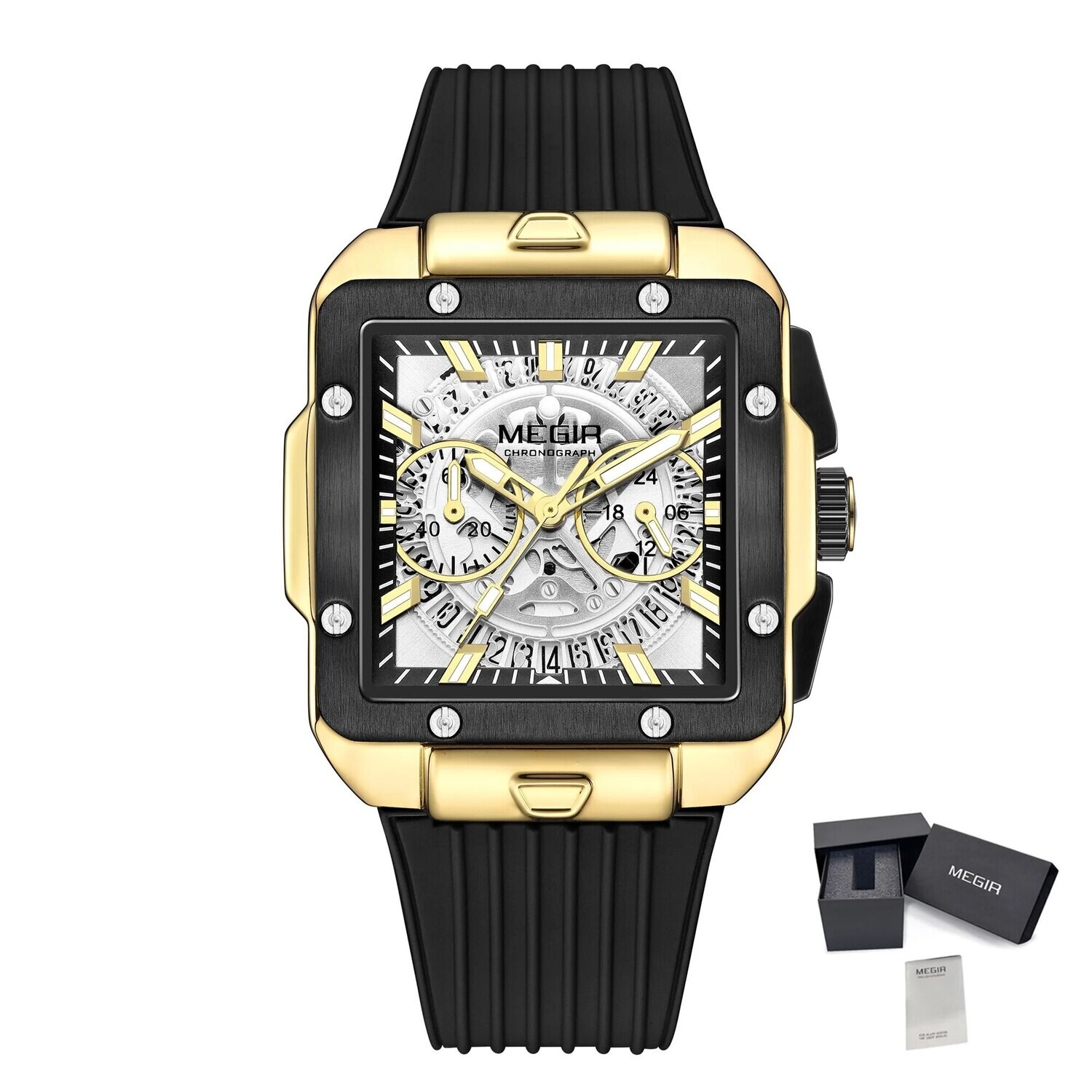 MEGIR Watch for Men Luxury Sport Quartz Wristwatch with Silicone Band Luminous Hands Date Male Chronograph Clock Reloj Hombre 2228, Color: Gold Black