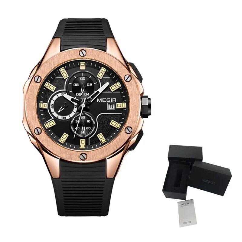 MEGIR Men Sport Military Watch Luxury Luminous Waterproof Chronograph Quartz Wristwatch Date Clock Relogio Masculino 2053, Color: Rose Black
