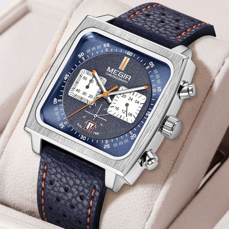 MEGIR Watches for Men Luxury Black Sports Casual Chronograph Waterproof Calendar Square Dial Wristwatches with Date Clock 2182