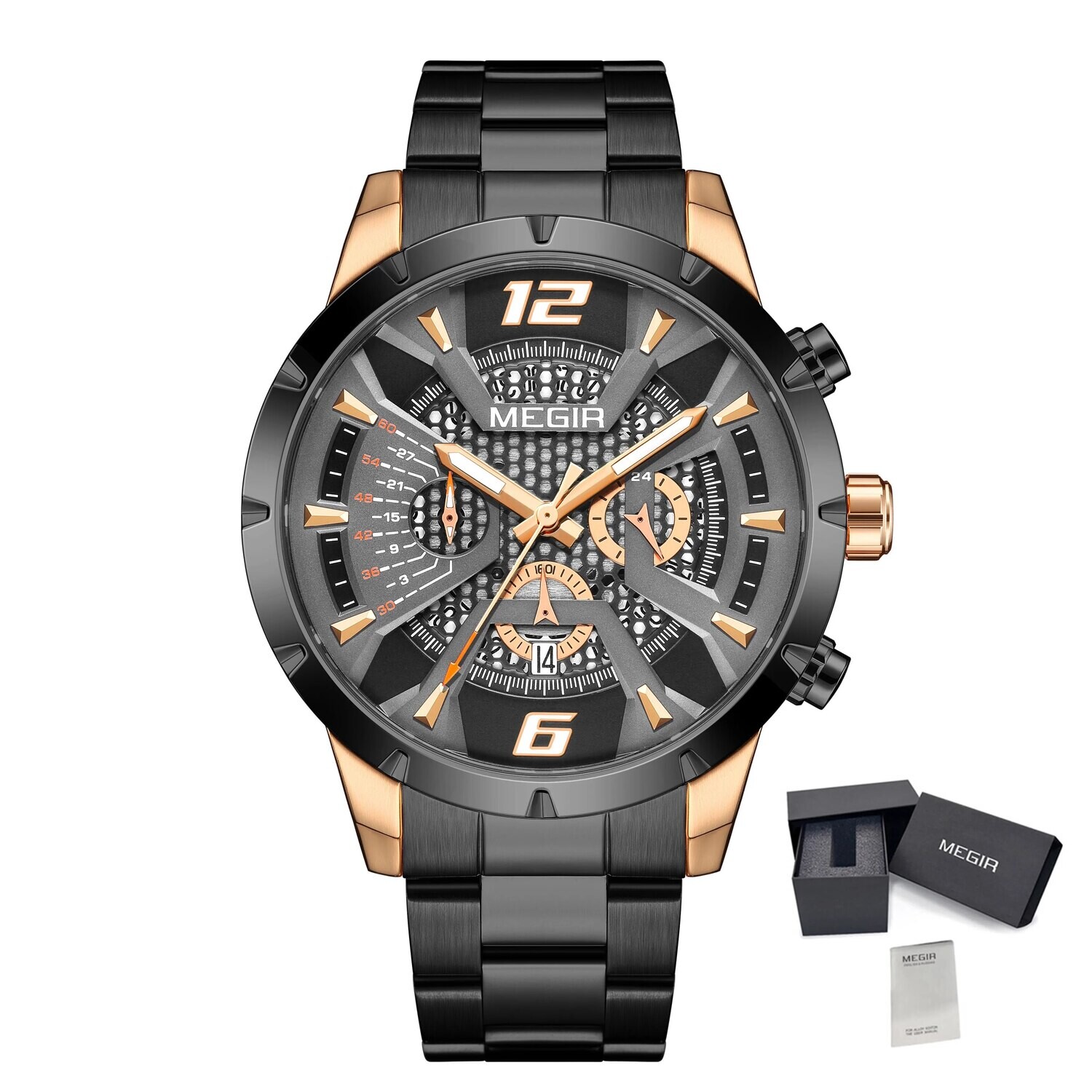 MEGIR Stainless Steel Bracelet Watch for Men Luxury Business Casual Quartz Wristwatch Date Clock Chronograph Big Dial Reloj Hombre 2221, Color: Rose Black