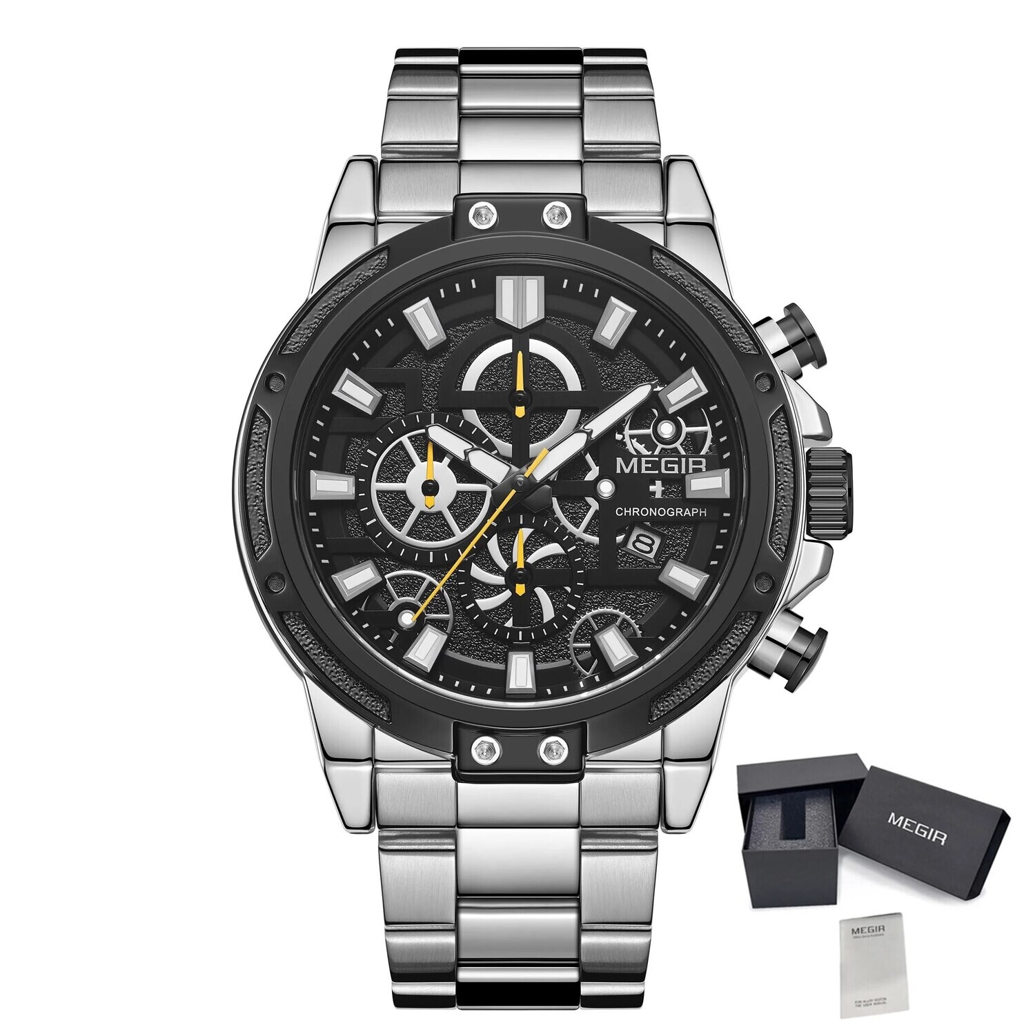 MEGIR Luxury Business Watches for Man Stainless Steel Strap Quartz Casual Wristwatch Waterproof Calendar Men Chronograph 2108, Color: Silver